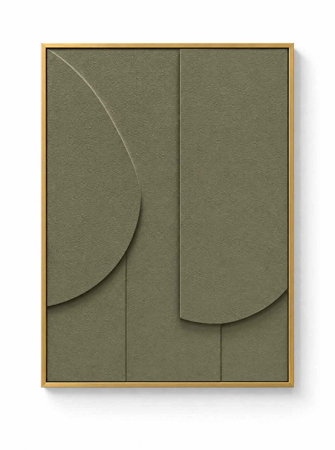Tinta wall relief in Oliva, a grayed olive green, in a slim gold floating frame