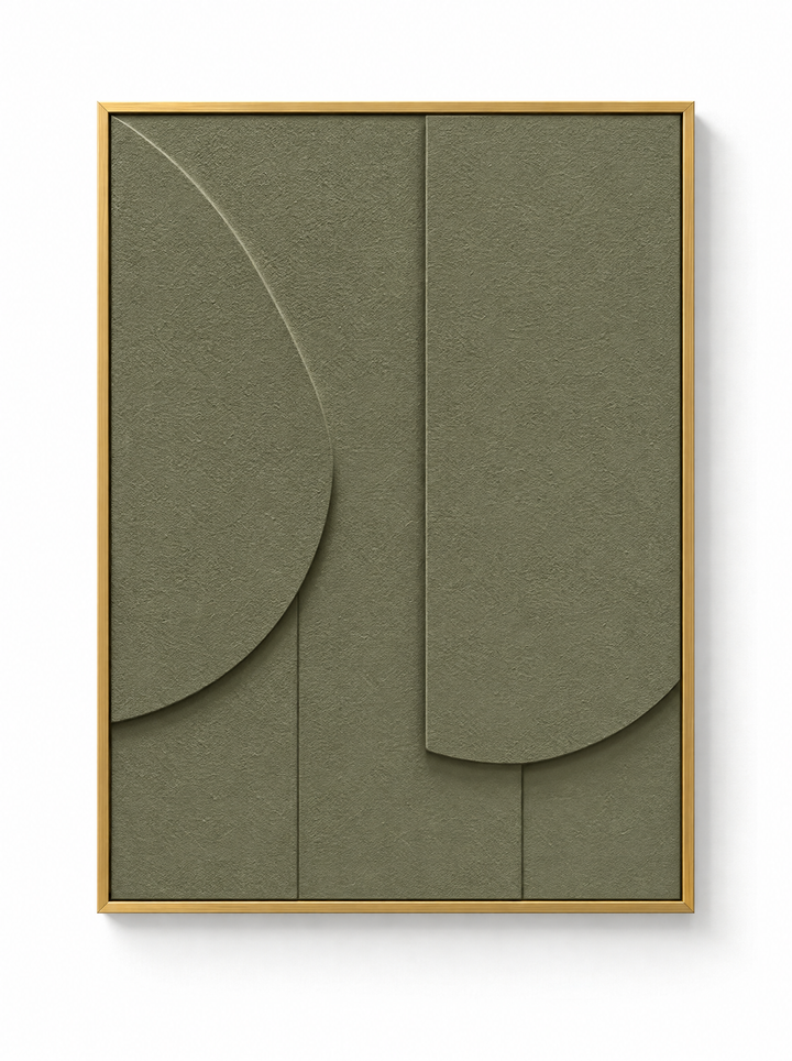 Tinta wall relief in Oliva, a grayed olive green, in a slim gold floating frame
