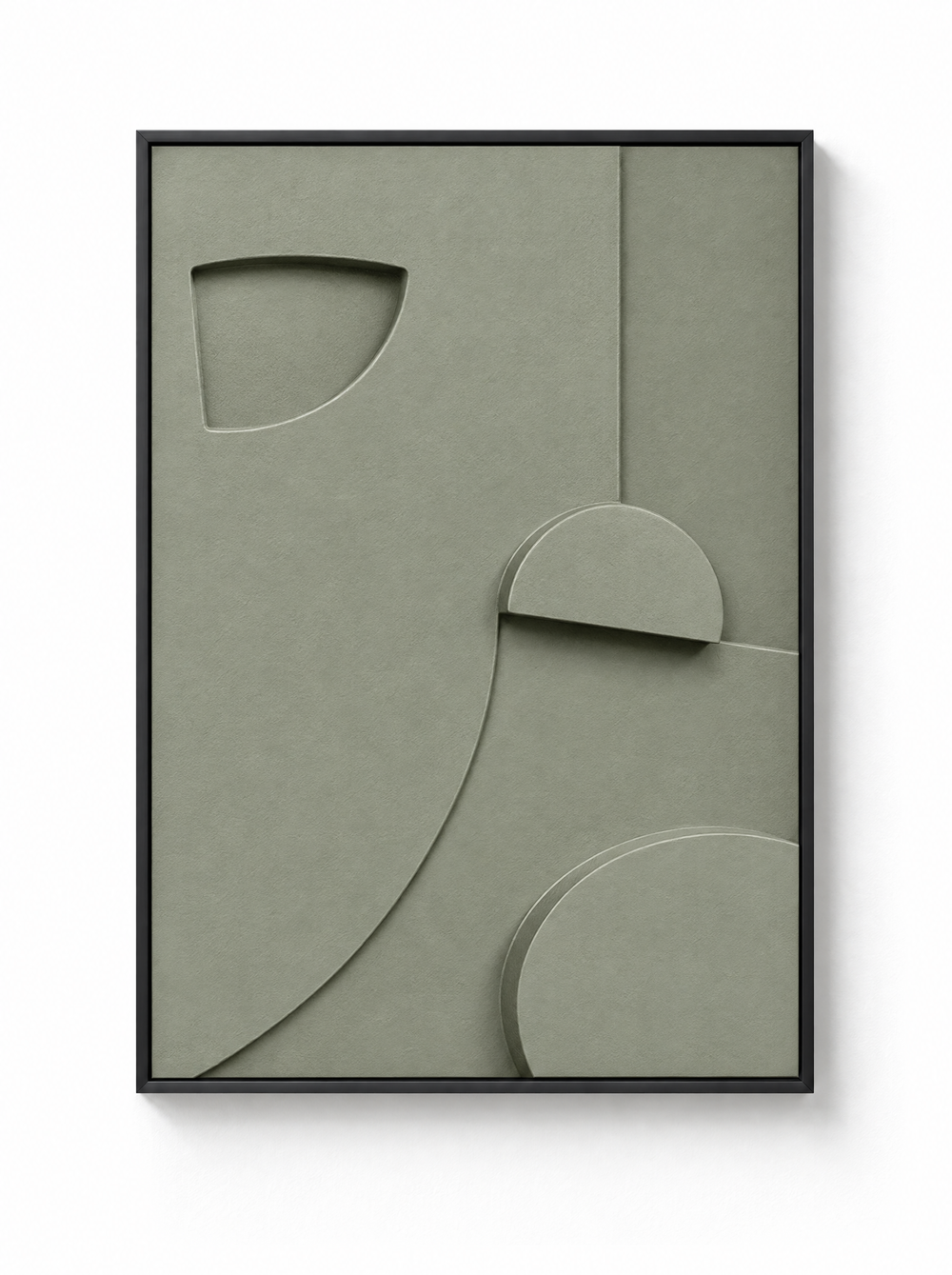 Tinta wall relief in Salvia, a gray sage green, in a slim black floating frame