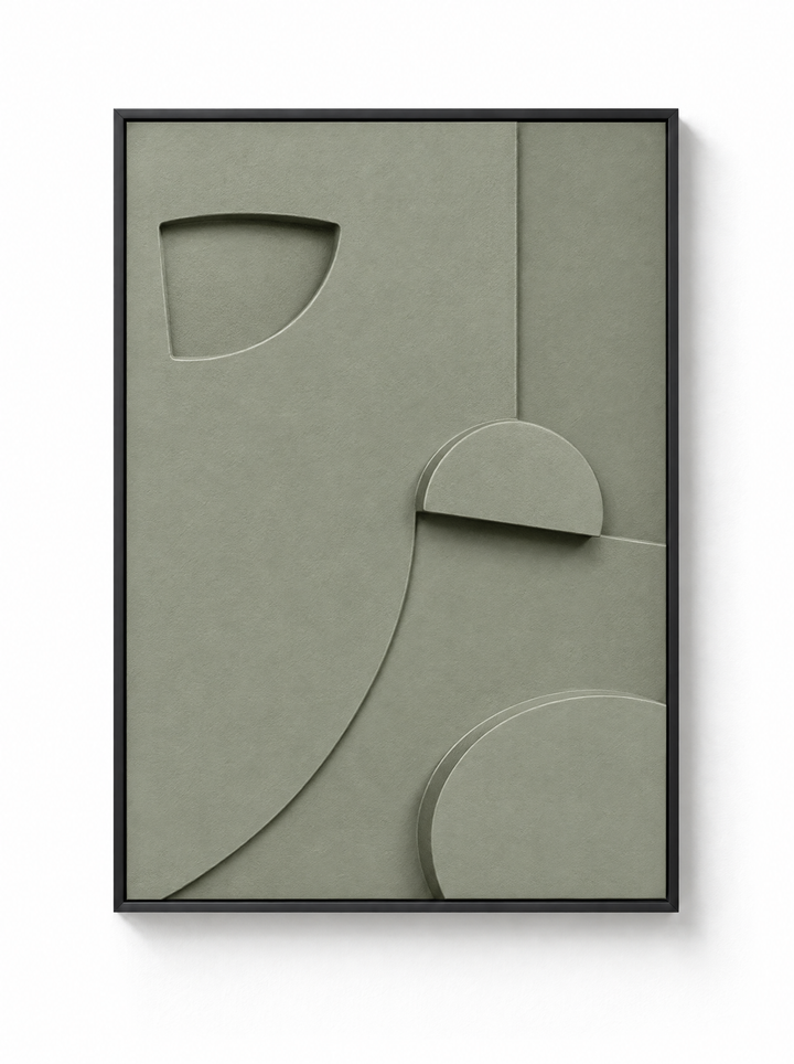 Tinta wall relief in Salvia, a gray sage green, in a slim black floating frame