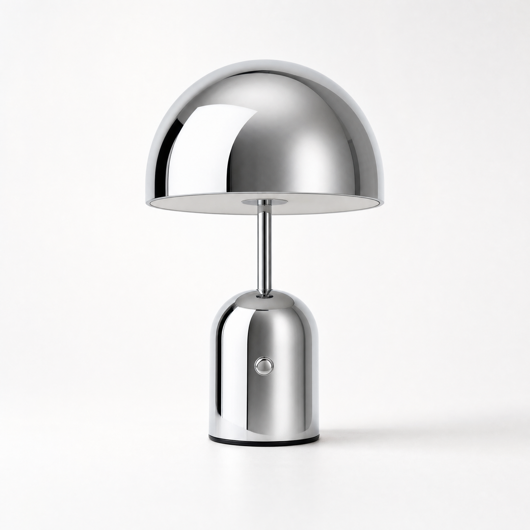 Vespers cordless table lamp in silver, switched off, plain background