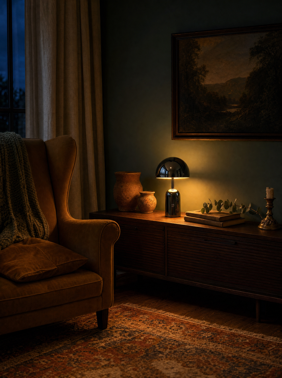 Vespers table lamp, black finish, mirror-polished.