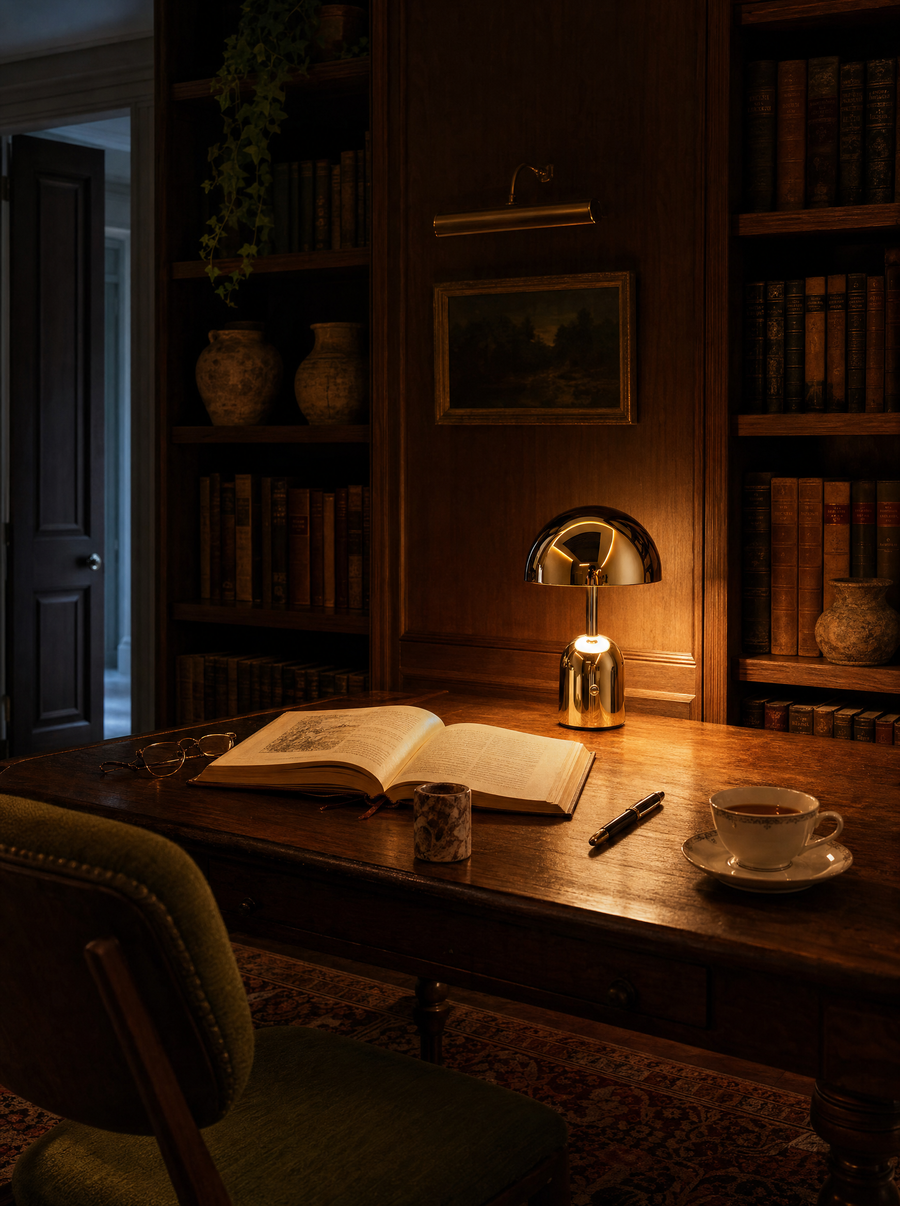 Vespers table lamp, gold finish, mirror-polished.