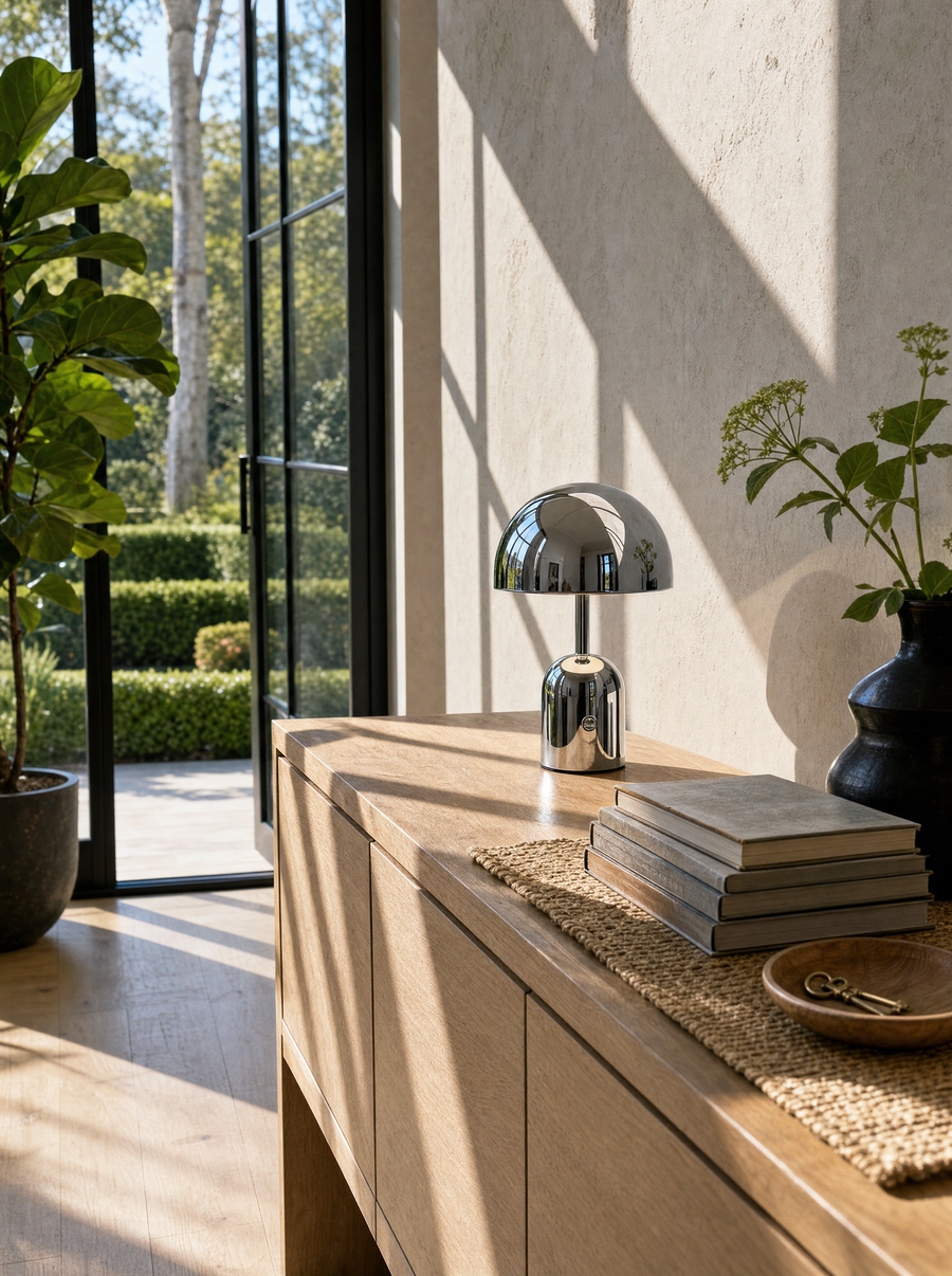 Vespers table lamp, silver finish, mirror-polished.