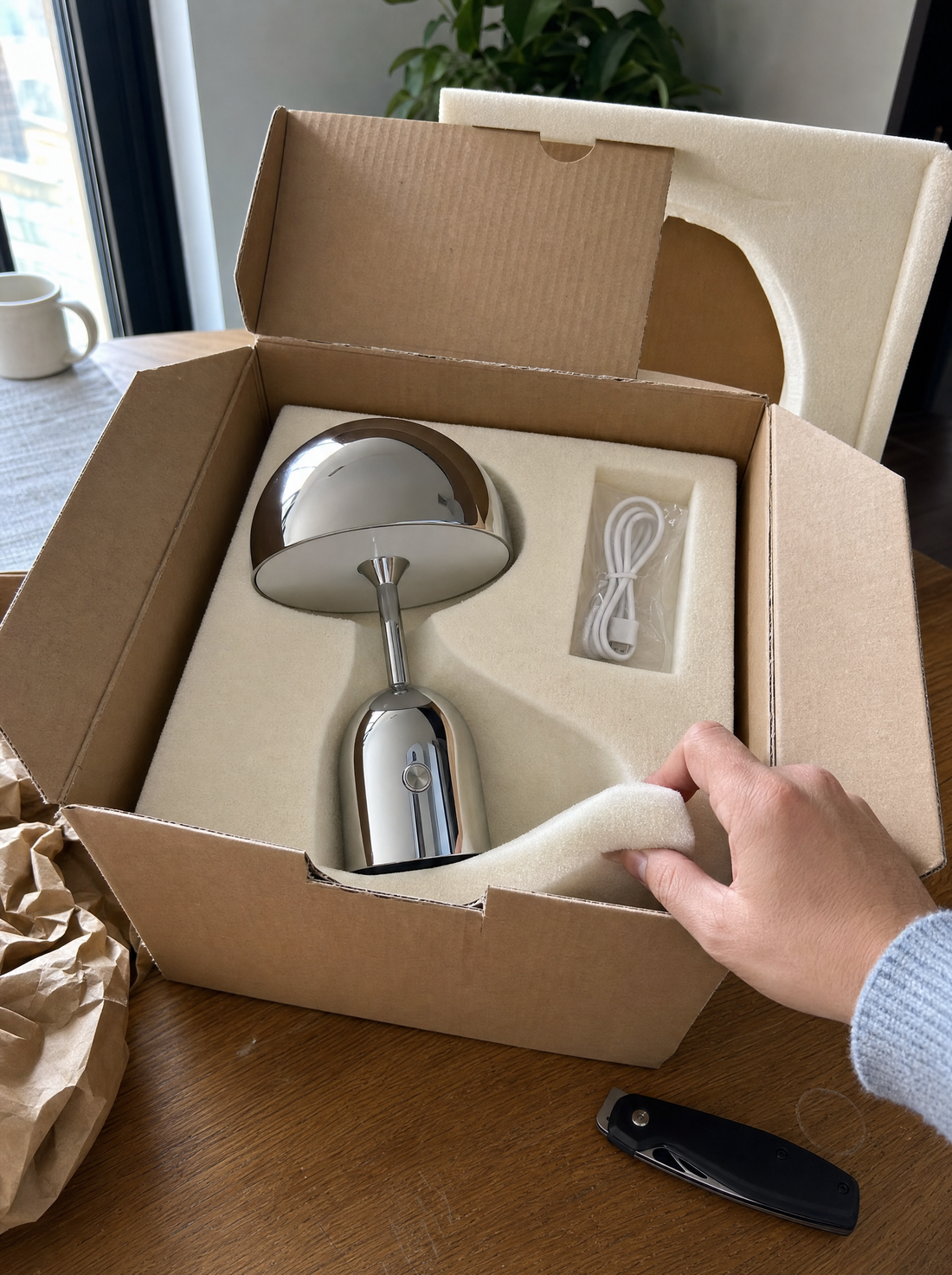 Vespers table lamp, Type-C charging cable and box, flat lay.