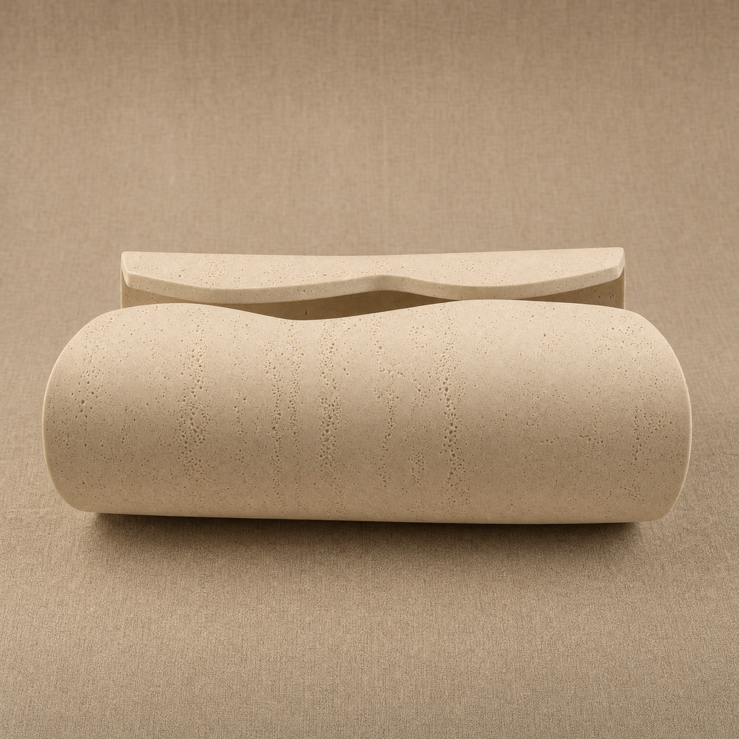Black Volute ceramic tissue box, curl shape, beige background
