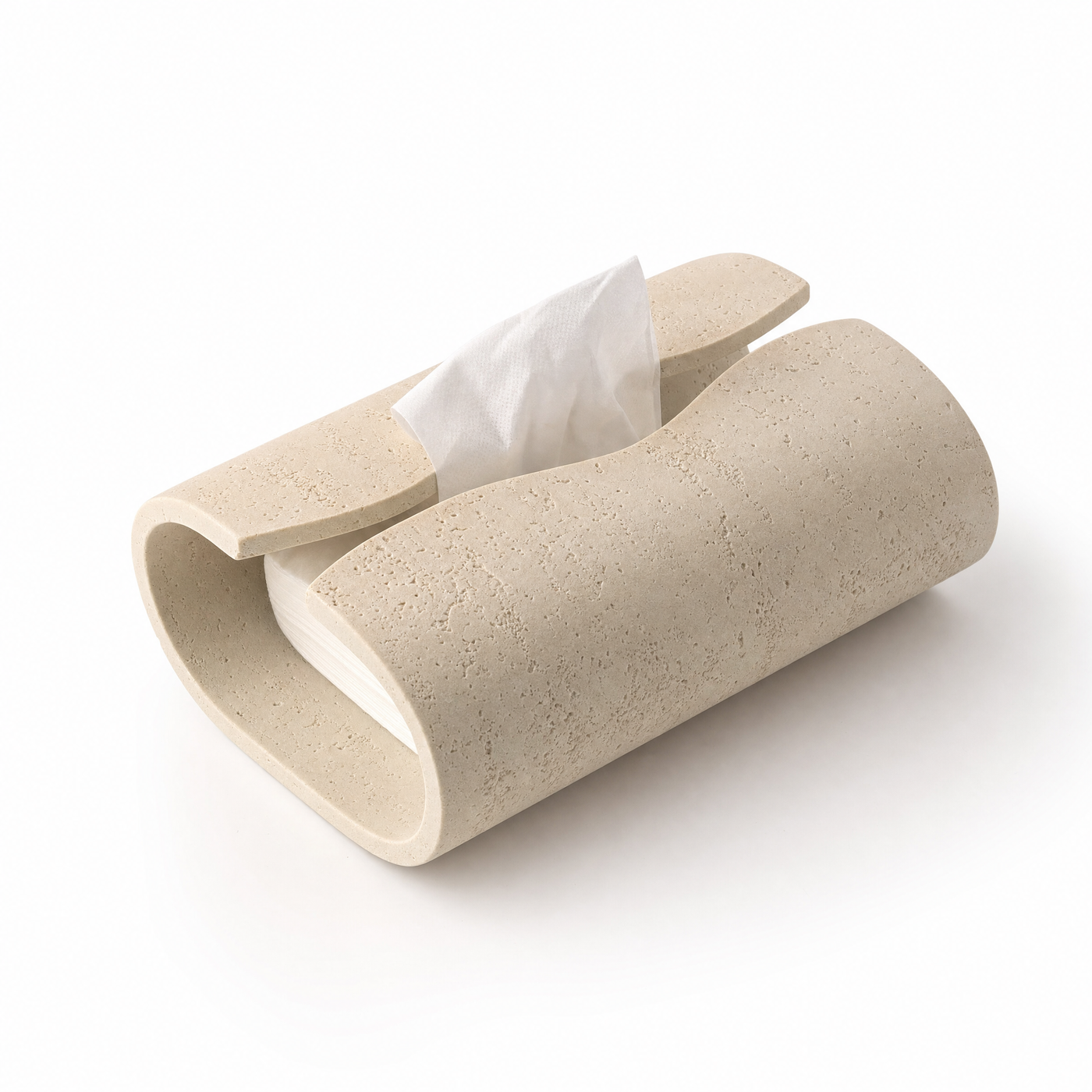 Volute tissue holder in use, sheet drawn through the gap beneath the lip.